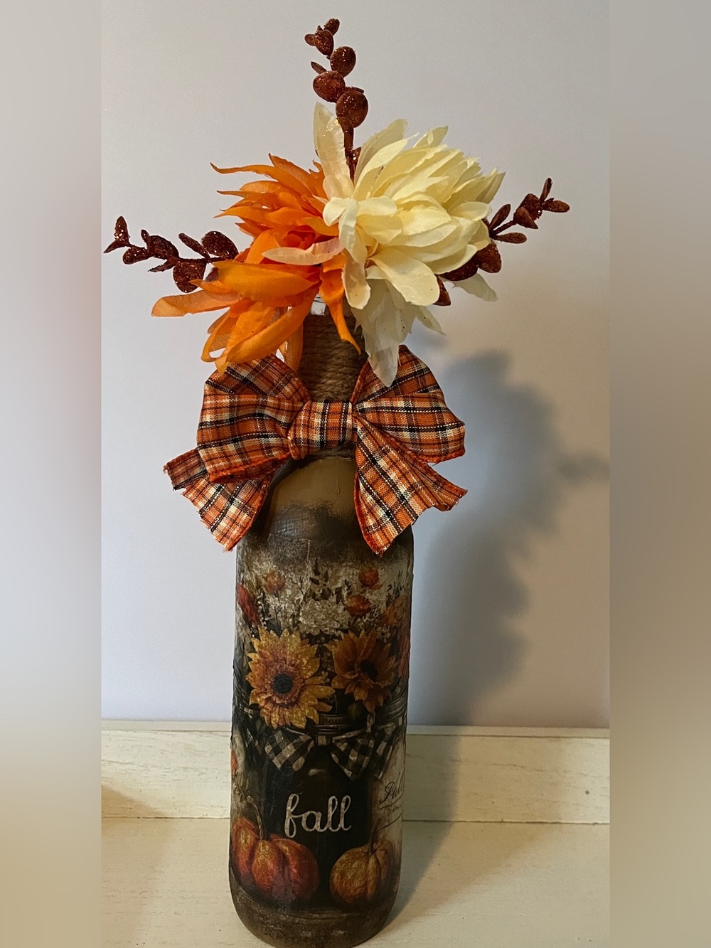 Autumn Sunflower Decorative Bottle with Orange Plaid Bow